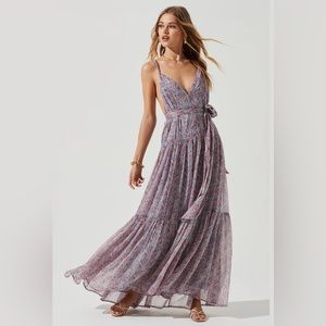 ASTR the Label Eartha Floral Plunge Tie Waist Maxi Dress - Blue/PinkMulti SM